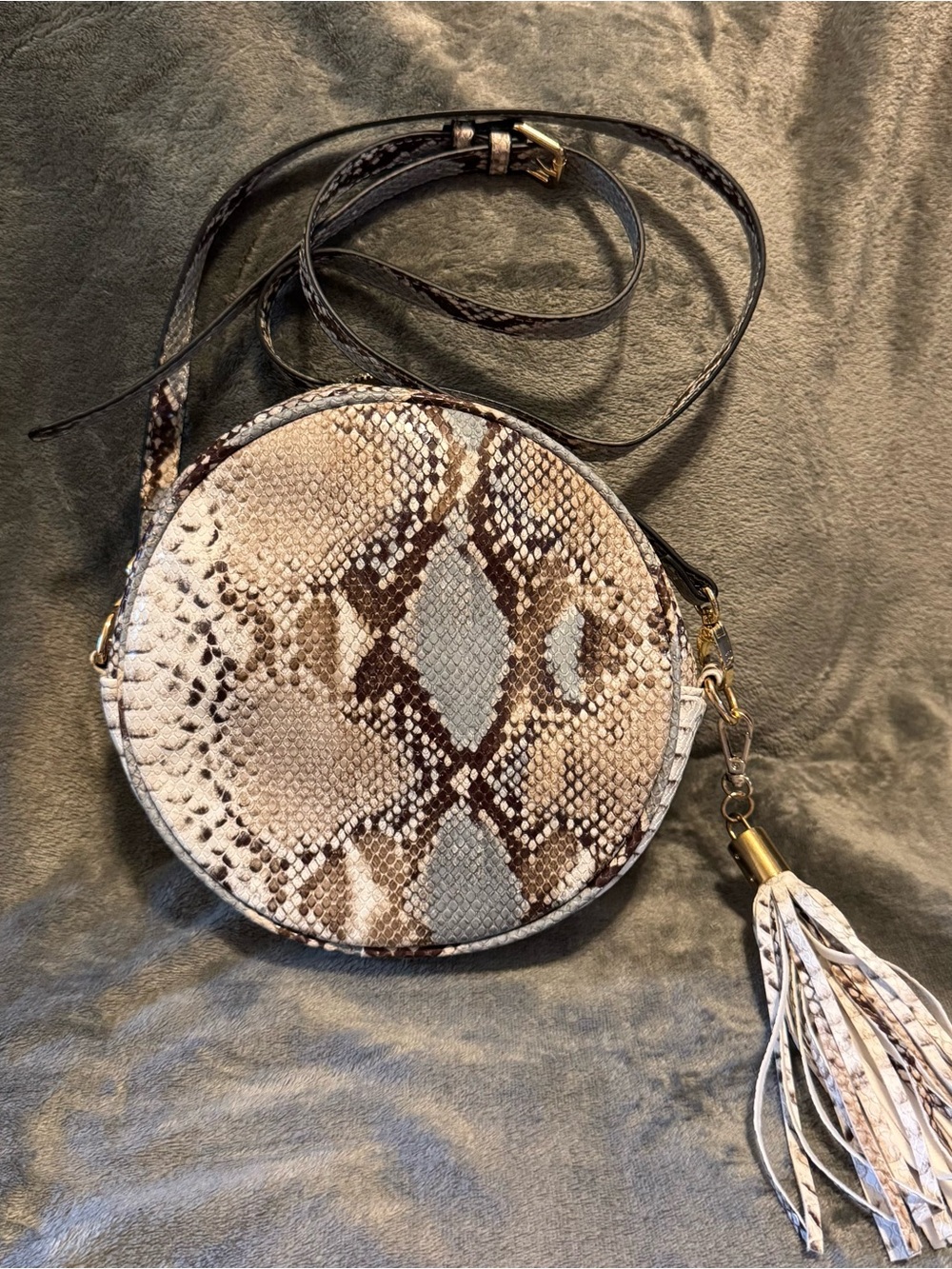 Caroline Hill Round Faux Snake-Print Crossbody Bag with Tassel - Beige/Brown